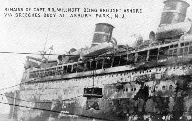 REMAINS OF CAPT. R.R. WILLMOTT BEING BROUGHT ASHORE VIA BREECHES BUOY AT ASBURY PARK, N.J.