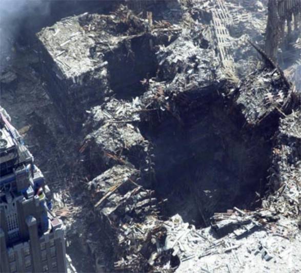 This building was apparently destroyed because it was hit by rubble from the collapse of the North Tower, though it looks like what would result from a huge explosion in the basement of the building