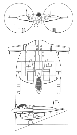 Схема XF5U "Skimmer", оснащённого новыми двигателями и вооружённого бомбой и дополнительным топливным баком