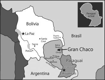 Боливия и Парагвай перед началом войны; светло-серым цветом выделена спорная территория